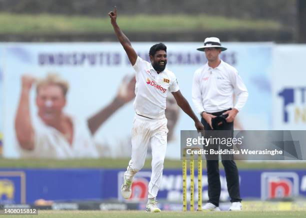 Prabath Jayasuriya of Sri Lanka celebrates after taking the winning wicket Mitchell Swepson of Australia during day four of the Second Test in the...
