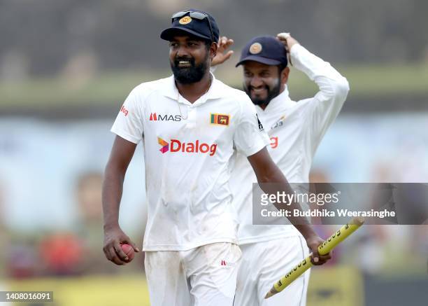 Prabath Jayasuriya of Sri Lanka celebrates after winning the match during day four of the Second Test in the series between Sri Lanka and Australia...