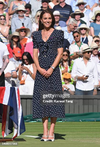 Catherine, Duchess of Cambridge attends the Men's Singles Final at All England Lawn Tennis and Croquet Club on July 10, 2022 in London, England.