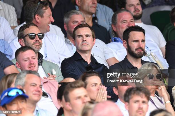 Chris O'Dowd, Jimmy Carr and Johnny McDaid attend day 14 of the Wimbledon Tennis Championships at All England Lawn Tennis and Croquet Club on July...