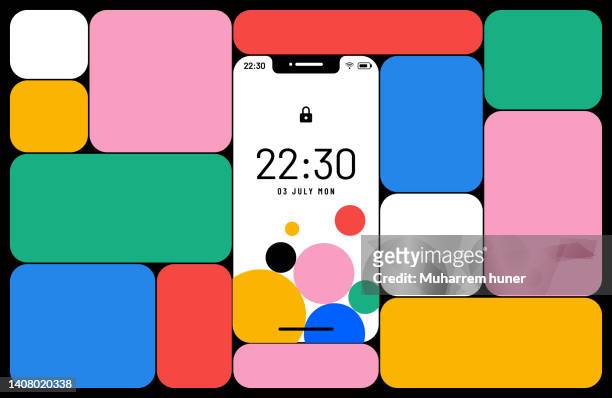 ilustrações de stock, clip art, desenhos animados e ícones de regular colorful information boxes around the smartphone. - app