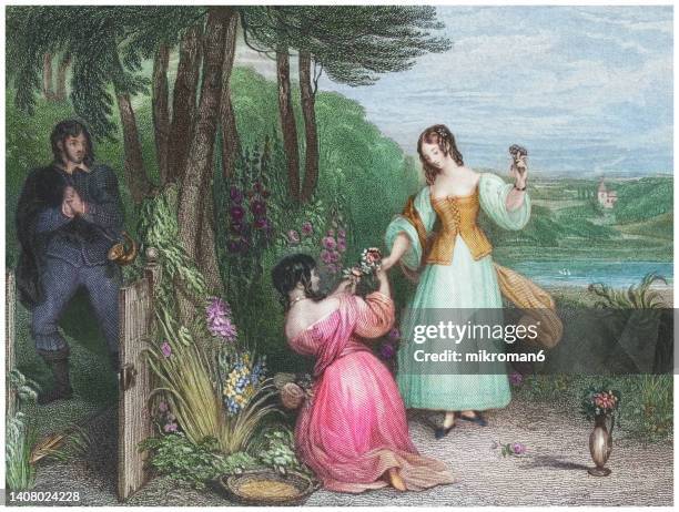 old engraved illustration of "love" by francis philip stephanoff - young man standing in the shadow and looking amourously at a girl, standing at centre, handing flowers to another girl, kneeling next to her - alte und junge lesbische frauen stock-fotos und bilder
