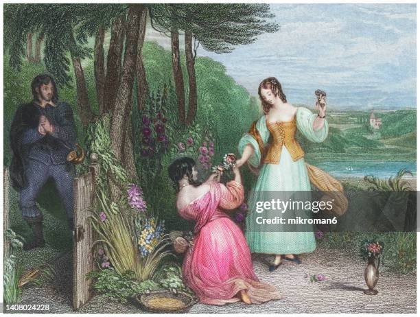 old engraved illustration of "love" by francis philip stephanoff - young man standing in the shadow and looking amourously at a girl, standing at centre, handing flowers to another girl, kneeling next to her - archival gay stock pictures, royalty-free photos & images