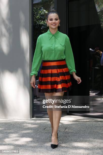 Selena Gome attends the presentation of the new beauty line “Rare Beauty” by Selena Gomez on July 11, 2022 in Milan, Italy.