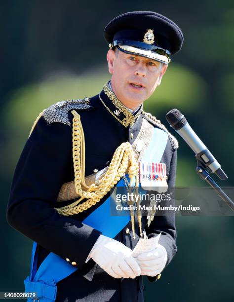 Prince Edward, Earl of Wessex makes a speech as he attends a parade to present Platinum Jubilee medals, on behalf of The Queen, to officers and...