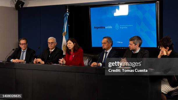 Economy Minister Silvina Batakis speaks during a press conference next to President of Argentina’s Central Bank Miguel Pesce, Minister of Agriculture...