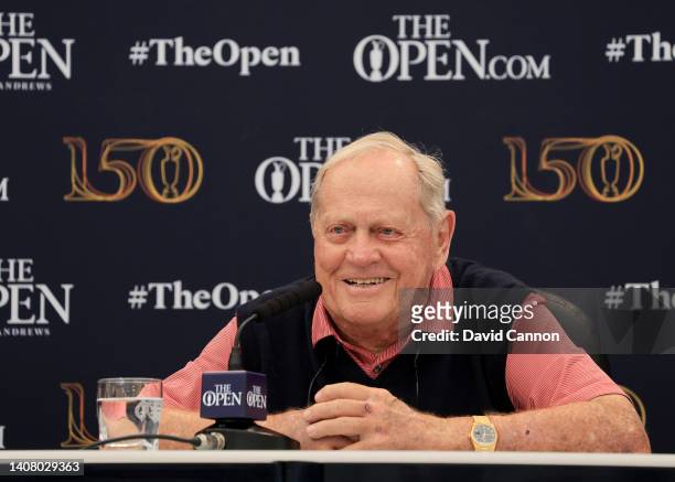 Jack Nicklaus of The United States speaks to the media during his press conference prior to The 150th Open at St Andrews Old Course on July 11, 2022...
