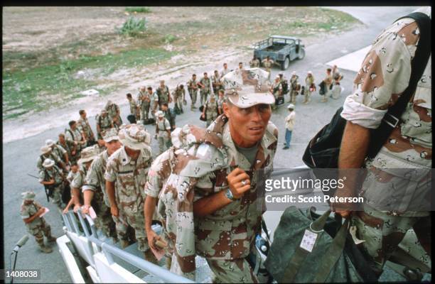 Soldiers prepare to depart May 4, 1993 in Mogadishu, Somalia. UN peacekeeping troops will continue the humanitarian intervention aimed at ensuring...