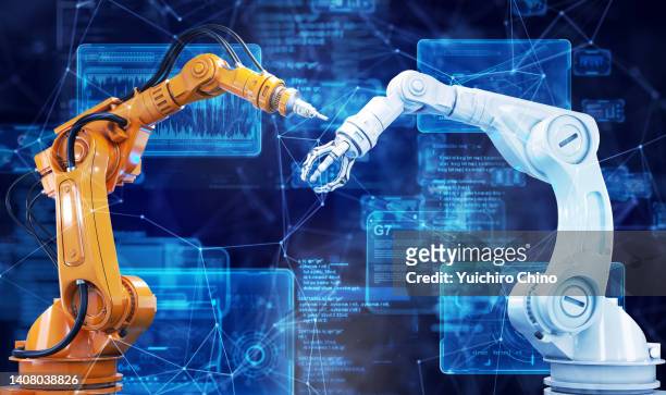 robotic arm and network with ui data screen - robotics alive stock pictures, royalty-free photos & images