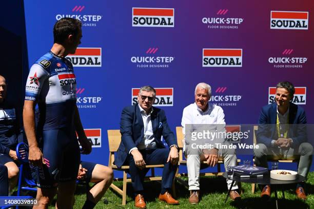 Yves Lampaert of Belgium and Quick-Step - Alpha Vinyl Team , Dirk Coorevits of Belgium CEO of Soudal, Patrick Lefevere of Belgium CEO Team manager of...