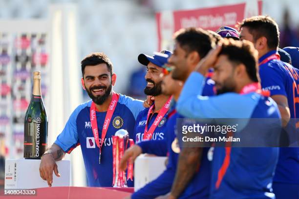 Virat Kohli of India celebrates with his team mates following the 3rd Vitality IT20 match between England and India at Trent Bridge on July 10, 2022...