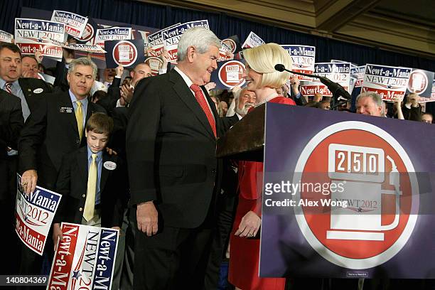 Republican presidential candidate, former Speaker of the House Newt Gingrich looks at his wife Callista Gingrich after being declared the winner of...