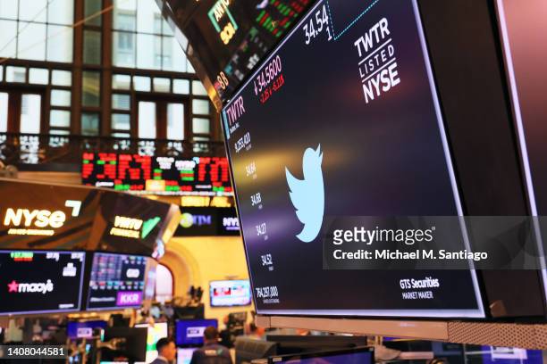 Twitter logo is displayed on a screen at the New York Stock Exchange during morning trading on July 11, 2022 in New York City. Shares of Twitter...