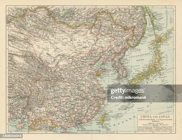 old chromolithograph map of china and japan islands - hong kong map stock pictures, royalty-free photos & images