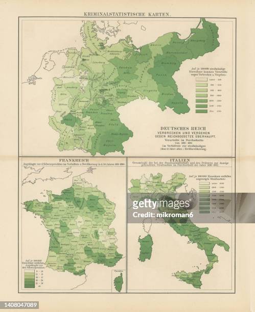 old chromolithograph map of criminal statistics germany, france and italy (crimes and offenses) - criminal offenses stock pictures, royalty-free photos & images
