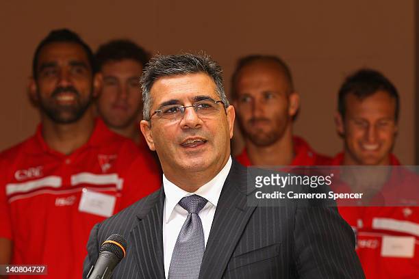 Andrew Demetriou talks during a meeting with the New South Wales Premier Barry O'Farrell and members of the Sydney Swans and the Greater Western...