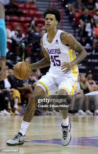 Shareef O'Neal of the Los Angeles Lakers brings the ball up the court against the Charlotte Hornets during the 2022 NBA Summer League at the Thomas &...