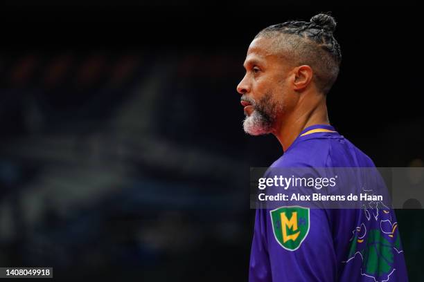 Mahmoud Abdul-Rauf of the 3 Headed Monsters looks on during warmups prior to the game against the Enemies in BIG3 Week 4 at Comerica Center on July...