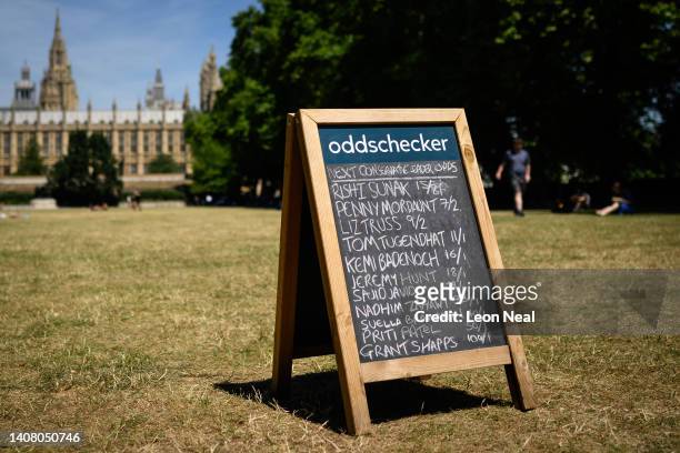 Bookmaker's board near the Houses of Parliament displays the betting odds on who is most likely to become the next Leader of the Conservative Party...