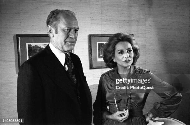 President Gerald Ford and broadcast journalist Barbara Walters talk together after an interview, New York, New York, October 13, 1976.