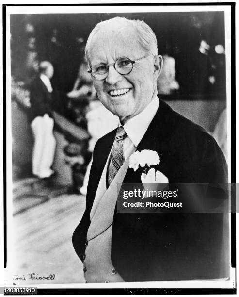 Portrait of an American businessman Joseph P Kennedy Sr , smiling as he attends a formal event, Newport, Rhode Island, 1953.