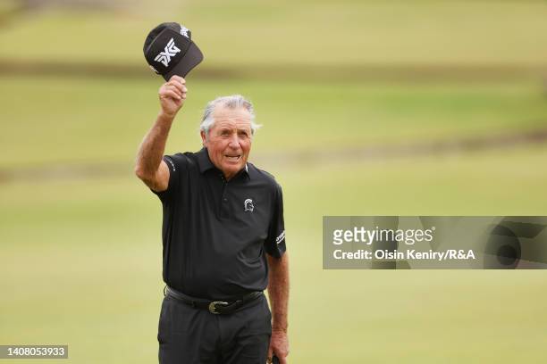Gary Player of South Africa acknowledges the crowd during the Celebration of Champions prior to The 150th Open at St Andrews Old Course on July 11,...