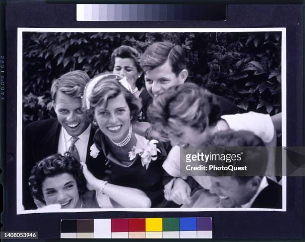 Group photo of just-married couple, Jacqueline Kennedy and US Senator John F Kennedy , with the latter's siblings, at the couple's reception,...