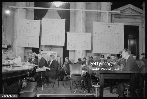 View of American gangster Joseph Valachi . Of the Genovese crime family, as he testifies during a hearing of the Permanent Subcommittee on...