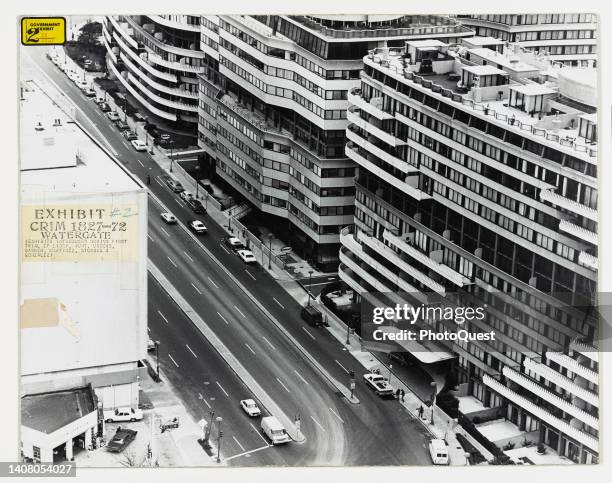 Aerial view, looking south, of the Watergate complex of offices, apartments, and hotel on Virginia Avenue NW , Washington DC, 1972. The trial , which...