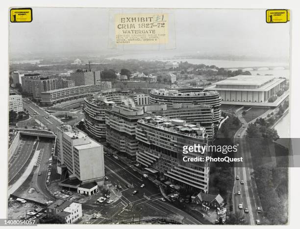 Aerial view, looking south, of the Watergate complex of offices, apartments, and hotel , Washington DC, 1972. The trial , which began in January...