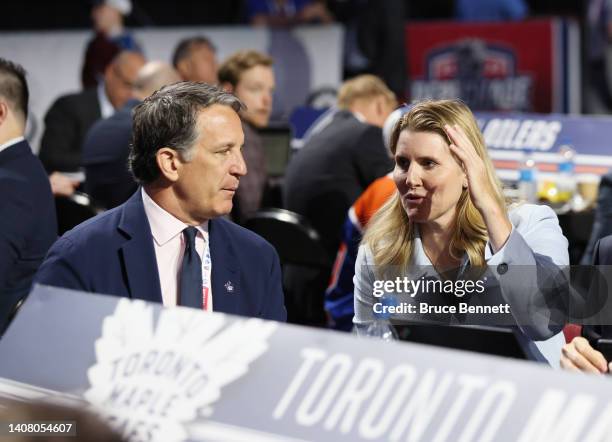 Brendan Shanahan and Hayley Wickenheiser of the Toronto Maple Leafs attend the 2022 NHL Draft at the Bell Centre on July 08, 2022 in Montreal, Quebec.