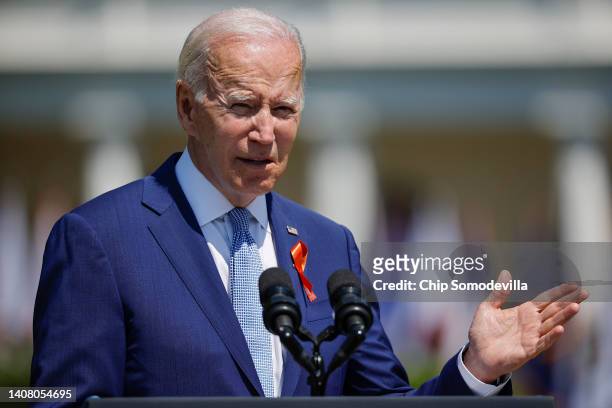 President Joe Biden delivers remarks at an event to celebrate the Bipartisan Safer Communities Act on the South Lawn of the White House on July 11,...