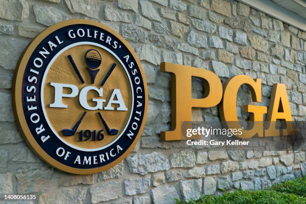 View of the PGA logo at Valhalla Golf Club on June 5, 2022 in Louisville, Kentucky.