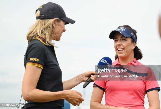 Georgia Hall of England is interviewed by Di Dougherty of Sky Sports on the practice range during the Celebration of Champions prior to The 150th...