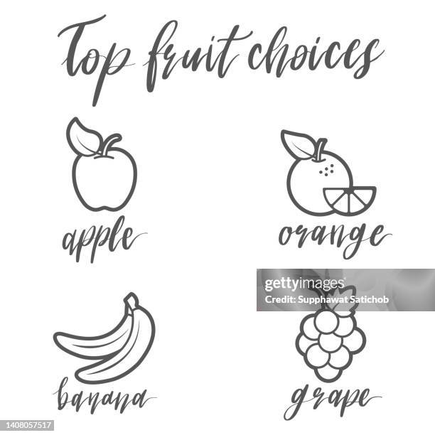 top fruit choices icons set with calligraphy text - apple picking stock illustrations