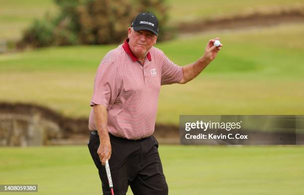 Mark Calcavecchia of The United States reacts on the 1st during the Celebration of Champions Challenge during a practice round prior to The 150th...