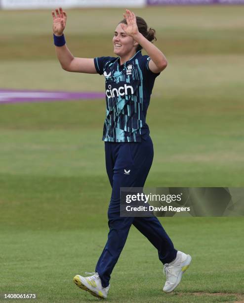 Nat Sciver of England celebrates after taking the wicket of Chloe Tryon during the 1st Royal London Series One Day International between England...