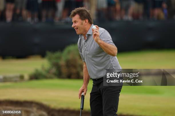 Sir Nick Faldo of England reacts on the 1st during the Celebration of Champions Challenge during a practice round prior to The 150th Open at St...