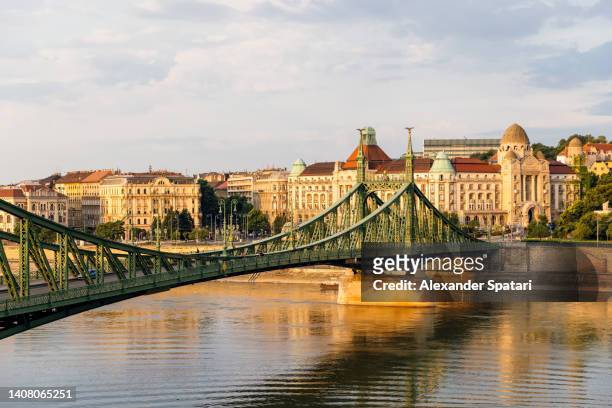 liberty bridge and budapest skyline, aerial view, hungary - budapest street stock pictures, royalty-free photos & images