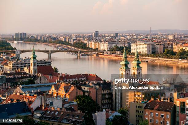 budapest skyline and danube river at sunset, aerial view, hungary - budapest skyline stock pictures, royalty-free photos & images