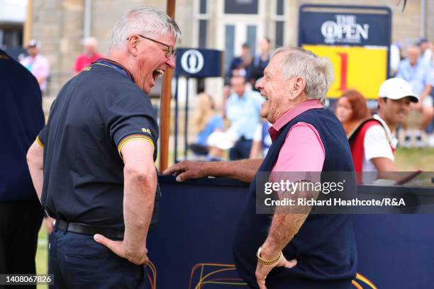 Martin Slumbers, Chief Executive of the R&A laughs with Jack Nicklaus on the first tee during the Celebration of Champions, prior to The 150th Open...