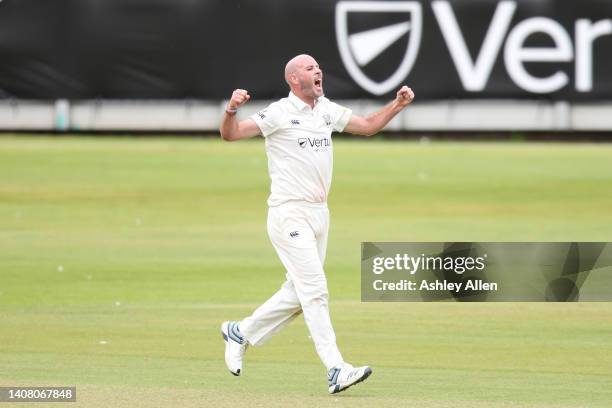 Chris Rushworth of Durham celebrates his fifth wicket during day 1 of the LV= Insurance County Championship match between Durham and Derbyshire at...