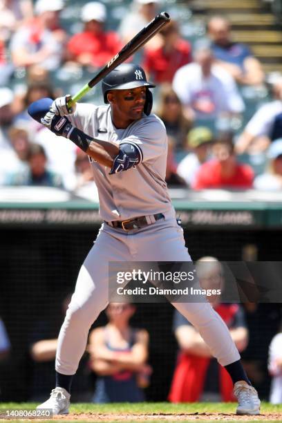 Miguel Andújar of the New York Yankees bats during the third inning of game one of a doubleheader against the Cleveland Guardians at Progressive...