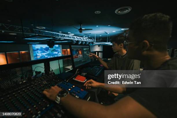 asian sports event crew working at backstage with control panel on stage lighting , sound system and lighting effect - record producers stock pictures, royalty-free photos & images