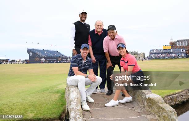 Rory McIlroy of Northern Ireland, Tiger Woods of The United States, Jack Nicklaus, Lee Trevino of The United States and Georgia Hall of England pose...