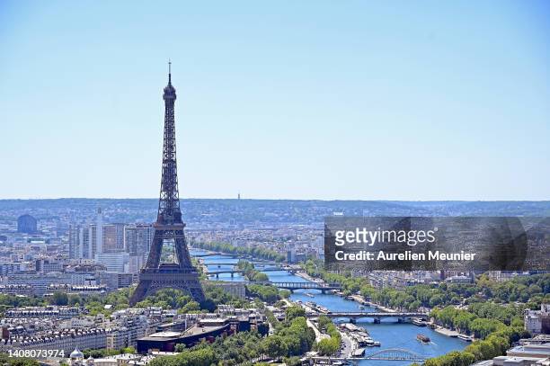View of the Eiffel Tower from on-board a NH90 Caiman Helicopter during a French army aerial rehearsal parade before Bastille Day on July 11, 2022 in...