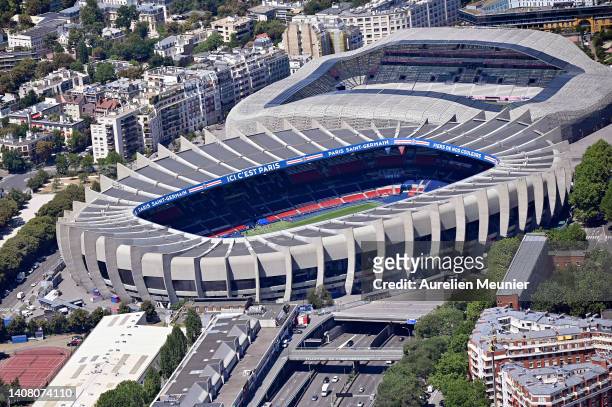 View of the Paris Saint-Germain stadium Parc des Princes during a french army aerial rehearsal parade before Bastille Day on July 11, 2022 in Paris,...