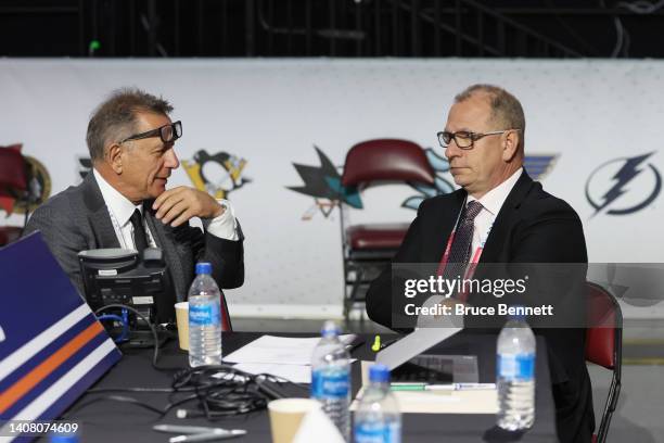 Ken Holland and Keith Gretzky of the attend the 2022 NHL Draft at the Bell Centre on July 08, 2022 in Montreal, Quebec.