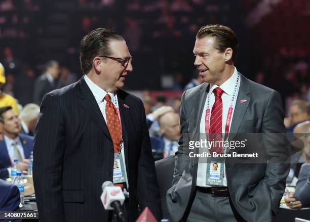 Greg Hawgood and Kris Draper of the Detroit Red Wings attend the 2022 NHL Draft at the Bell Centre on July 08, 2022 in Montreal, Quebec.