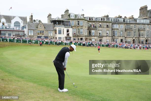 Tiger Woods of the United States plays a shot on the 18th hole during the Celebration of Champions prior to The 150th Open at St Andrews Old Course...